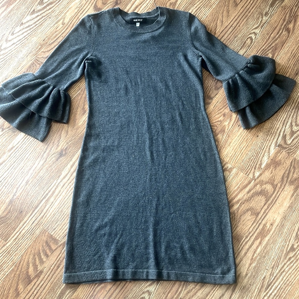 Nine West gray ruffle sleeve sweater dress.